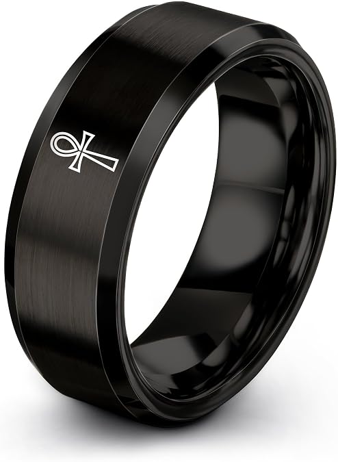 Gift for Spiritual Person - Ankh Cross Ring - Black Yellow Gold Silver - Personalized Custom Engraving - 8mm - Flat Dome Bevel - Brushed Polished - Anniversary Wedding - Men Women - Band - Tungsten