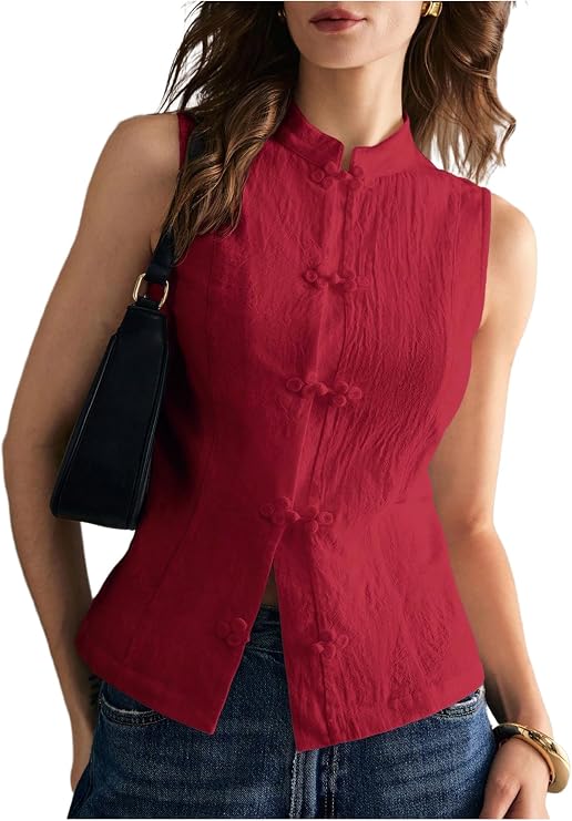 SHENHE Women's Linen Shirt Chinese Frog Button Sleeveless Going Out Tops