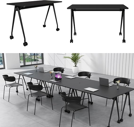 Folding Conference Table, Movable Conference Tables with Wheels, Modern Conference Table for 2-16 People Seminar Meeting Training Desk for Office Classroom (10, Black, 61.0in)