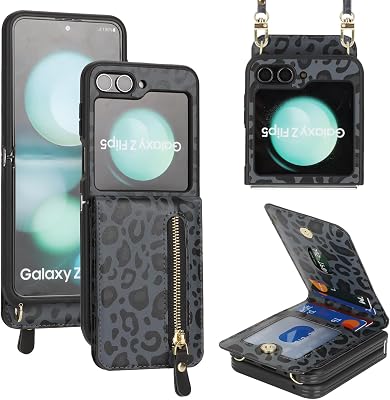 Cavor for Samsung Galaxy Z Flip 5 Case Wallet with for Women,Galaxy Z Flip 5 Phone Case with Strap,Crossbody Strap Lanyard Card Holder Stand,PU Leather Zipper Pocket Cover-Leopard Black