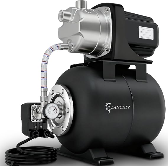 LANCHEZ 1.6 HP Shallow Well Pump with Pressure Tank, 1340 GPH Stainless Steel Water Transfer Pump, 115V Garden Irrigation Pump, Automatic Water Booster Jet Pump for Home Garden Lawn Farm, Matte
