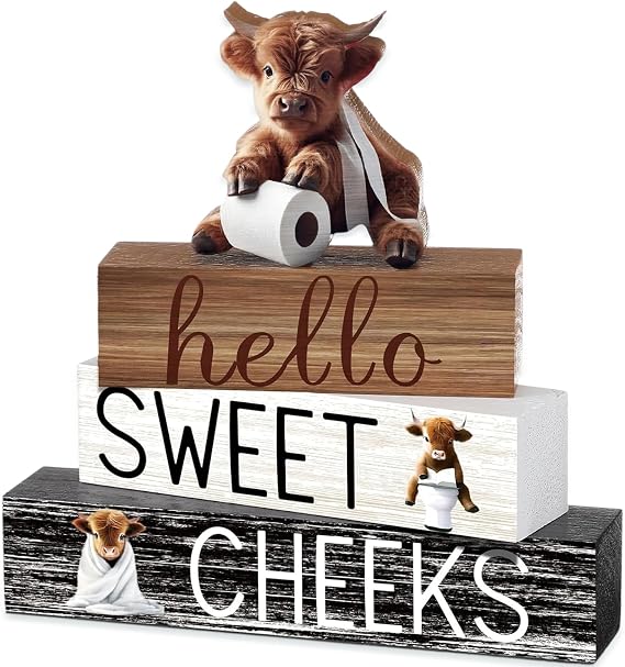 4 Pcs Highland Cow Decor Set, Wooden Home Ornaments for Living Room & Bedroom, Cow Decor with Farmhouse Style, Boxed; Includes Highland Cow, Highland Cow Bathroom Decor, Farmhouse Bathroom Decor (A)