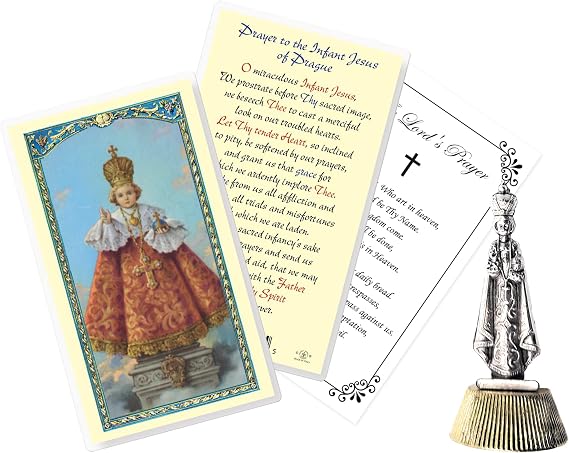 Trendzeen Mini Infant of Prague Statue (2 Inch) - Holy Infant of Prague Card, The Lord's Prayer - Santo Nino De Praga Estuata for Car - 3 Items Set