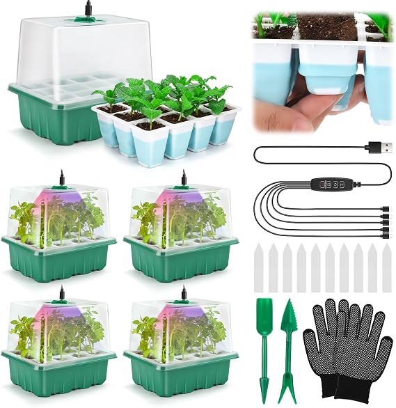 Seed Starter Tray with Grow Light, 60 Flexible Cells 5 PCS Seed Starter Kit, Reusable Seedling Starter Trays with Humidity Dome and High Lid, Germination Trays for Indoor Greenhouse Seed Starter