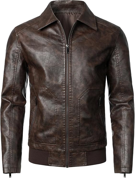 HOOD CREW Mens Faux Leather Bomber Jacket Classic Style Motorcycle Jackets