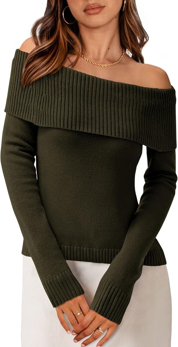 PRETTYGARDEN Womens Off the Shoulder Sweater Trendy Fall | Slim Fit Ribbed Knit Pullover, Soft Cozy Long Sleeve Tops, Winter Fashion Clothes for Going Out, Date Night & Holiday Party