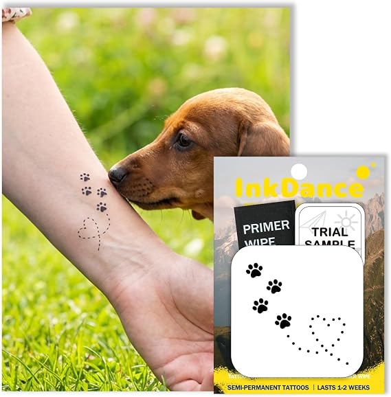 Semi-Permanent Tattoo, Furry Friend, Love Puppy Paw Print, Long Lasting Temporary Tattoos, Waterproof Plant-Based Ink, Lasts 1-2 Weeks, Color Develops in 24 Hours MNF004