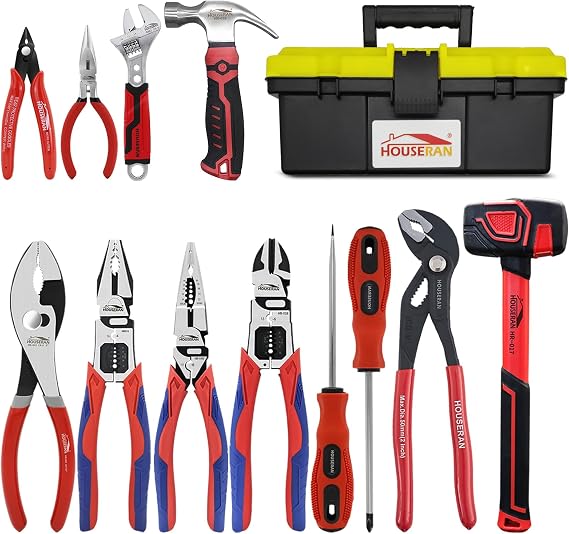 12-Piece Household Hand Tool Set with Toolbox – Heavy Duty CRV Pliers, Adjustable Wrench, Rubber Mallet & Claw Hammer for Home, Garage, Automotive & DIY Projects