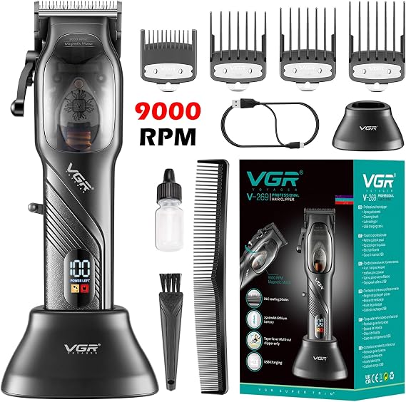 VGR Professional Hair Clippers for Men, Electric Adjustable Hair and Beard Trimmer, USB Rechargeable T Blade Hair Cutting Kit, LED Display Barber Clipper, VGR-269