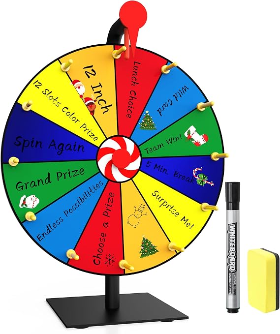 12 Inch Spin Prize Wheel with 12 Slots, Tabletop Spinning Wheel with Heavy Duty Base, Portable Prizes Wheel Spinner of Fortune for Game, Party, Trade Show, Carnival, Classroom (15")