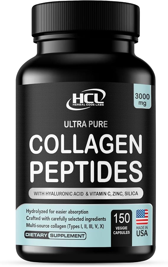 HCL HERBAL CODE LABS Collagen Peptides Powder with Vitamin C & Hyaluronic Acid - Cleanest Sources & Super High Absorption - Hydrolyzed Multi Type I, II, III, V, X - Skin Hair Supplement (Capsules)