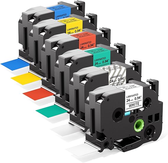 Tze Label Maker Tape 24mm, White Clear Red Blue Yellow Green, 6Pk | Compatible with Brother P Touch Label Tape 24mm, Compatible for Brother P-Touch D600 E550W P700 P750W 2430 H500 Label Printer
