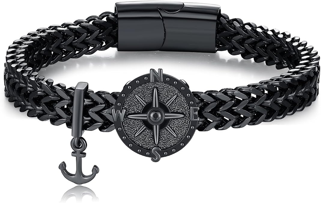 MEDWISE Compass Bracelet for Men Silver/Gold/Black Sterling Silver Viking Anchor Cuban Link 8.5 Inches Stainless Steel Nautical Bracelet with Direction Compass Compass Jewelry for Men Husband