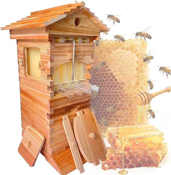 Compact Self-Flow Beehive Starter Kit, Automatic Wooden Hive Box with Observation Window for Beginner Beekeepers, Small Garden Use