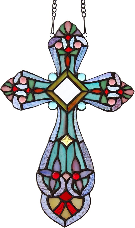 Capulina Cross Stained Glass Window Hanging Tiffany Style Stunning Handicrafts Parents and Friends Gifts for Halloween,Blessing,Pray,Love,Faith