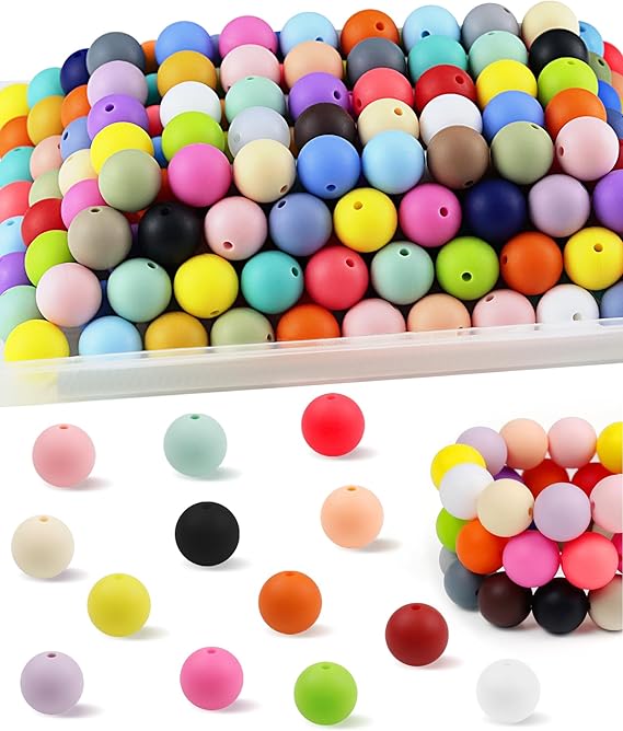 FIVEIZERO 150PCS 30 Colors 15mm Round Silicone Beads | 5 Each Color, Odorless, Seamless, Even Holes, Colorfast, Pre-drilled, For Keychains, Beaded Pens, Earrings, Phone Charms
