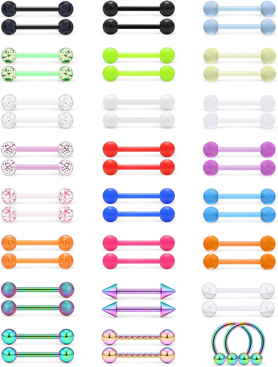 SCERRING 14G Nipple Rings Acrylic Bioflex Flexible Stainless Steel Tongue Ring Nipplerings Barbell Body Piercing Jewelry Retainer for Women Men 14mm 48PCS