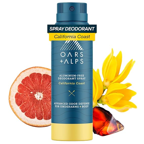 Oars + Alps Aluminum Free Men's Whole Body Deodorant Spray, 1pk, 3.4oz | Clear Men's Deodorant, Extra Strength, Long Lasting Odor + Moisture Protection, Dermatologist Tested, California Coast