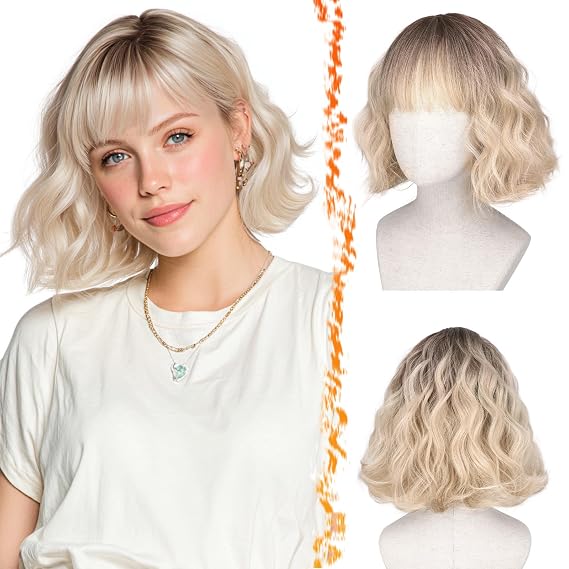 BARSDAR Soft Synthetic Blonde Ombre Short Wavy French Bob Wig with Bangs