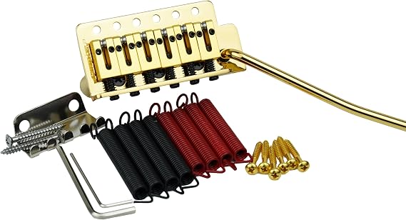 Guyker Guitar Tremolo Bridge with Brass Roller Saddle String Space 10.5mm & Brass Block & Spring and Claw, Pop-In Vibrato Bar, Complete Install Kit for Start ST Electric Guitar(GG-1001, Gold)