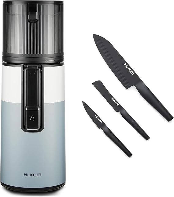 Hurom Two-Tone Blue H400 Award Winning Cold Press Juicer Machine with German Steel Knife Set, Strainer & Hands Free with Self-Feeding Hopper, Corrosion-Resistant Blades, Easy Assembly (550ml/ 18.6oz)