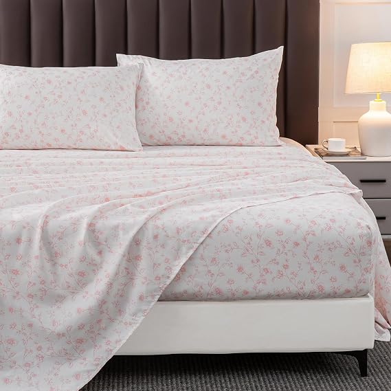 HYPREST Pink Floral Sheets Queen, Deep Pocket Patterned Bed Sheets Soft | Pink and White Vine Print Sheets Cottagecore Ditsy-Breathable Cute Shabby Chic Bed Sheets, Oeko-Tex Certified- Up to 18 Inch,