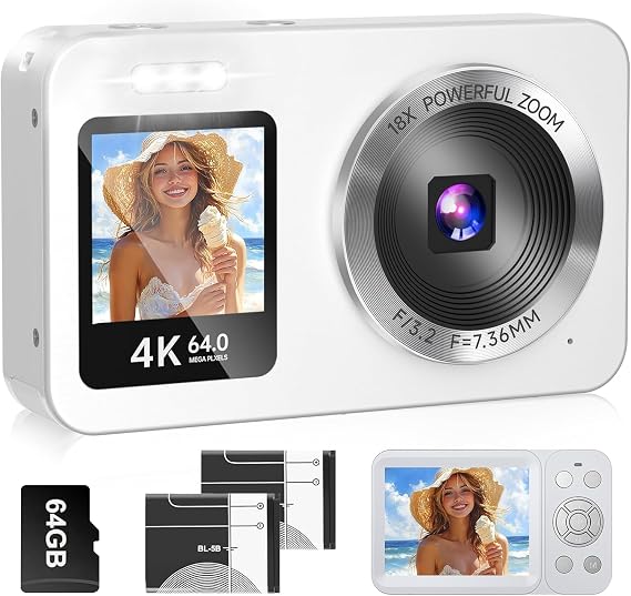 Digital Camera, 4K, 64 Megapixels, 30 FPS, Digital Camera, 64 GB, TF Card Included, Selfie Function, 18X Digital Zoom, 2.8 Inches, IPS Screen, AF Autofocus, Rechargeable YouTube Camera, For Beginners, Webcam, Kids, Birthday, VLOG, Christmas, New Year, Lightweight, Portable, Convenient, Japanese Instruction Manual, 2 Extra Batteries, White