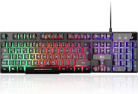 Rii Gaming Keyboard PC PS4 Keyboard USB Rainbow Illuminated Keyboard LED Gaming Keyboard Ideal for Gamers Office (German Layout)