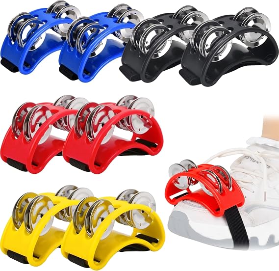 Eorbow 8 Packs Foot Tambourine for Adult, Foot Drums with Elastic Strap, Foot Percussion Shakers with Steel Jingle Bells, Musical Instrument Percussion for Guitar Cajon Banjo Playing
