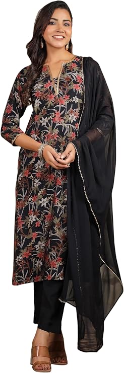 Janasya Indian Women's Chanderi Silk Black Floral Print Casual Wear Kurta Set for Women