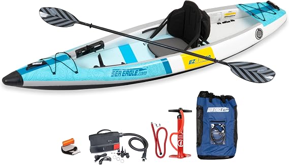 Sea Eagle EZLITE 10 Ultralight, All Woven, Drop Stitch, Rigid, High Performance, Easy Setup, 10' Solo Inflatable Kayak w/Backpack, Seat Paddle and Adjustable Footrests