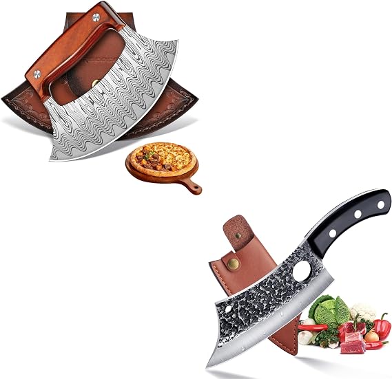 ROCOCO Pizza Cutter Ulu Knife with Cleaver Butcher Knife for Cutting Ribs Roasts Fruits Veggies Multipurpose Kitchen Knives for BBQ Birthday Thanksgiving Christmas Gift Men