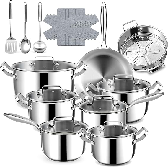 Stainless Steel Cookware Set - 24 PCS Kitchen Cookware Sets with 3-Ply Frying Pan and Steamer, Cool Handles, Heavy-Duty Chef Quality, Pots and Pans Set Compatible with All Stoves