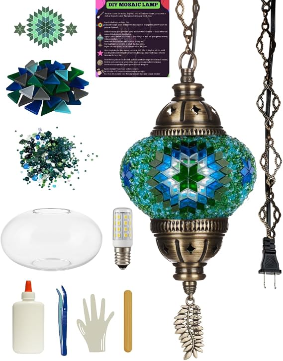 DEMMEX DIY Turkish Mosaic Plug-in Hanging Lamp Kit No Grout Needed, Beginner-Friendly Fun & Easy Tiffany Mosaic Swag Light-Making Craft Project for Adults and Teens (Turquoise&Green)