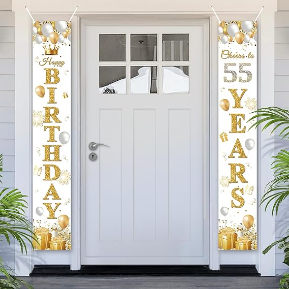 55th Birthday Banner, 55th Birthday Door Banner Decorations, Party Photo Booth Background Door Decor Sign Poster for Men Women (White Gold)