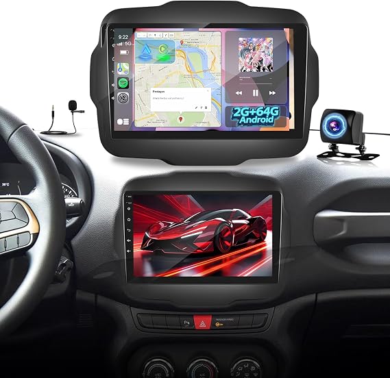 [2+64] Volxcereo Car Radio for Jeep Renegade 2015-2020, 9 inch Android Touchscreen Stereo with Carplay/Android Auto, GPS, WiFi, Bluetooth, SWC, FM/RDS