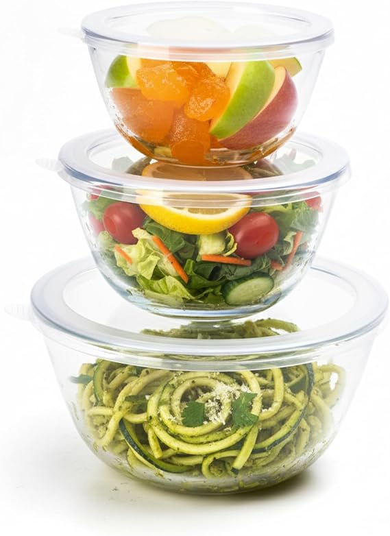 AGARO Borosilicate Glass Mixing Bowl with Lid, 3 Pcs Set (500ml, 800ml &1600ml), Serving Bowl, Kitchen, Oven & Microwave, Dishwasher and Freezer Safe, Scratch Resistant, Round, Transparent