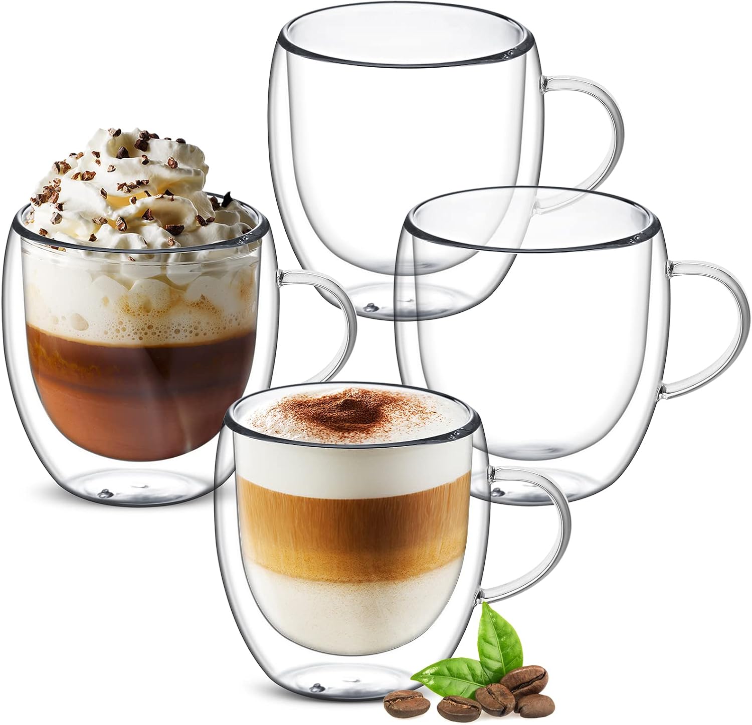 12oz Double Walled Glass Coffee Mugs with Handle, Clear Cappuccino Glass Mug Set of 4, Insulated Layer Coffee Cups, Clear Borosilicate Glass Mugs, Glasses Espresso Mugs for Coffee