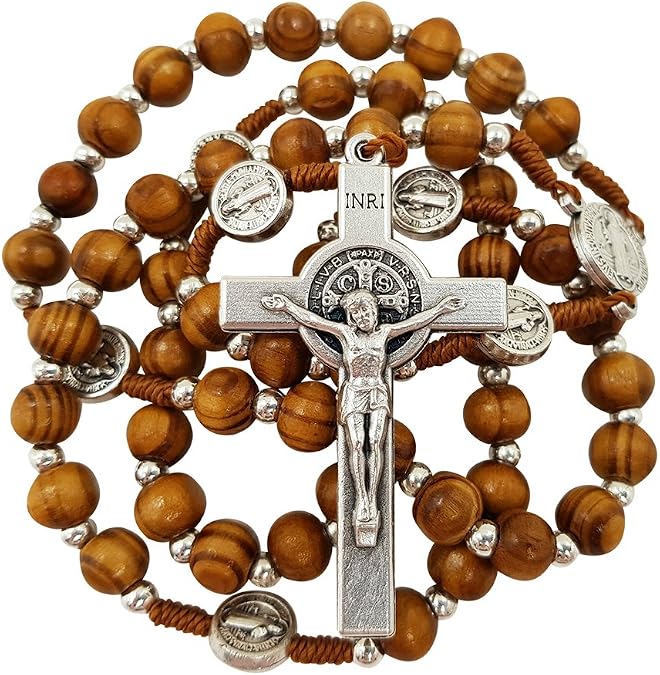 TALISMAN4U Olive Wood Rosary Beads Catholic Necklace St Benedict Crucifix