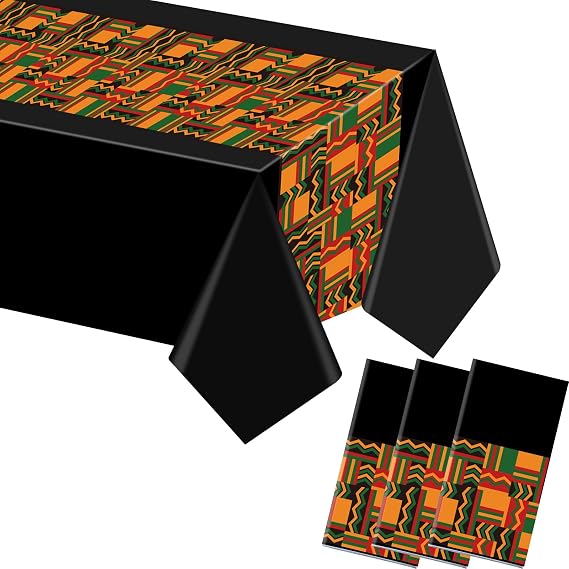 Kinlop 3 Pcs Juneteenth Tablecloth 108 x 51 Inch Kente Table Covers Plastic Disposable Table Clothes for African American Independence Celebrate Freedom Black History Kwanzaa Party Supplies(Geometric)