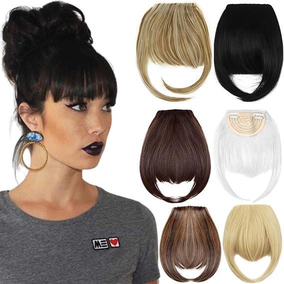 2PCS Clip in Bangs Hair Extensions 8" Thick Full Neat Fringe Hair Extension with Temples One Piece Clip on Front Bangs Hairpiece