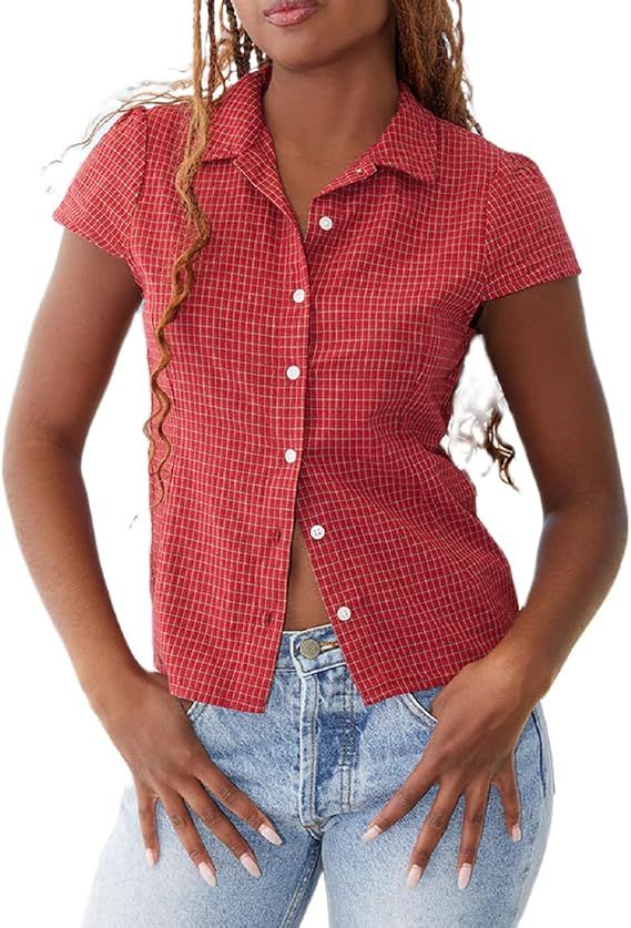 Women Y2k Short Sleeve Button Up Shirt 90s Coquette V Neck Slim Fitted Blouse Casual Preppy Vintage T Shirt Crop Top
