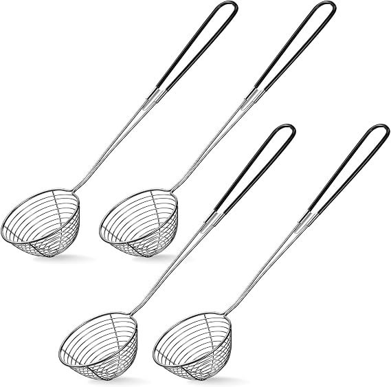 Geiserailie 4 Pieces Hot Pot Kit Strainer Scoops Stainless Steel 2.5 Inch Mini Spider Strainer Skimmer Pasta Mesh Spoon Asian Skimmer Spoon Ladle with Handle for Home (Black)