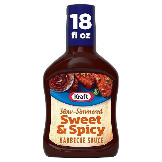 Kraft Sweet & Spicy Slow-Simmered Barbecue Sauce, 18 oz Bottle | 60 Calories, Slow-Simmered Sweet & Spicy BBQ Sauce & Dip with Chipotle, Garlic, Onion & Paprika, a Marinade or Dipping Sauce