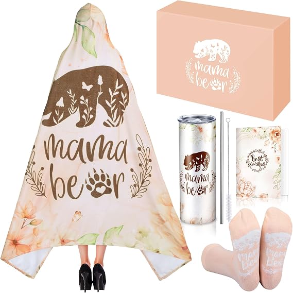 HunnmingRe 5 Pcs Mama Bear Gift Box Set for Mom Birthday, Beige Wearable Blanket Hoodie Tumbler Greeting Card Socks Gifts from Son Daughter Husband for Mother Wife Women