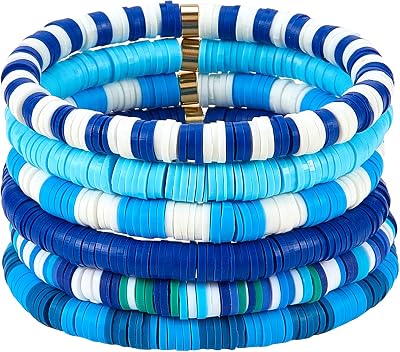 Ornaland 6PCS Heishi Surfer Bracelets Set 6mm Polymer Clay Heishi Beads Stretch Bracelets Bohemia Summer Beach Jewelry for Women Blue