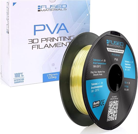 Fused Materials PVA Filament 1.75mm Water-Soluble Support Material for 3D Printing Compatible with Bambu Lab, Polymaker, Overture, and More Works with PLA, PETG, Nylon, ABS Clear & Transparent