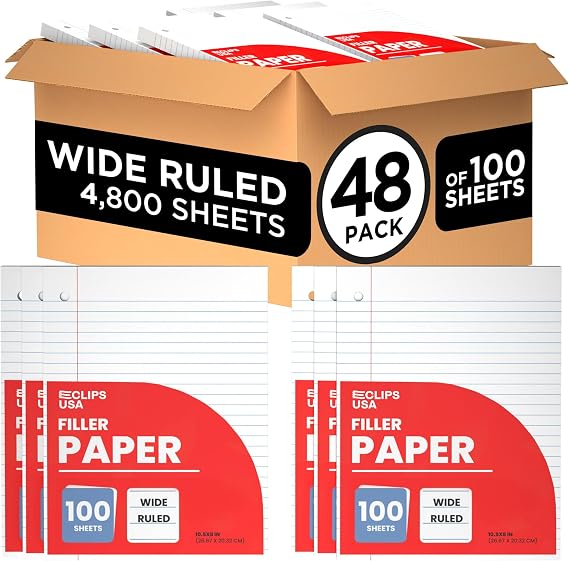 Wide Ruled Loose Leaf Paper Wide Ruled Notebook Paper Lined Writing Filler Paper 10.5 x 8 56 gsm 4800 Sheets 100 Sheet Per Pack (48 Pack)