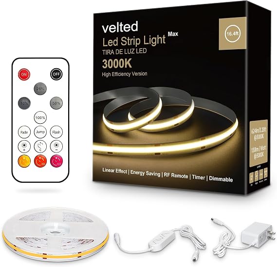 velted White Led Strip Lights Max with RF Remote, 16.4ft 3000K Dimmable Bright Warm White Light Strip, Adhesive Indoor Led Lights for Living Room, Shelf, Cabinet