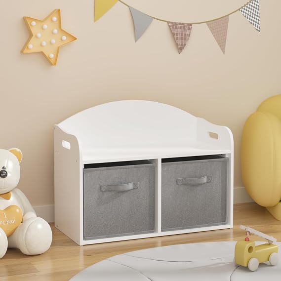 Timy Kids Wooden Toy Storage Organizer/Bench with Collapsible Fabric Drawers Toy Storage Cabinet White